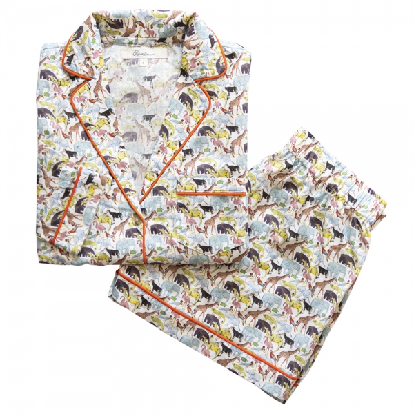 Pyjama pour femme chemise et short,  tissu Liberty fabrics Queue for zoo.