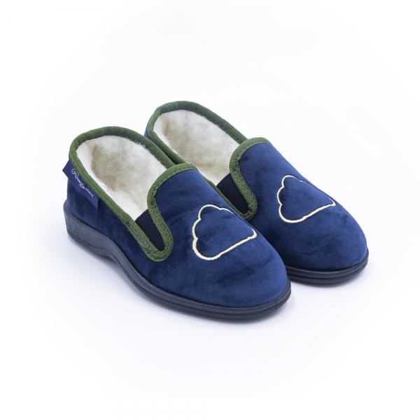 Chaussons en velours bleu marine. Made in France. Maison Dormans