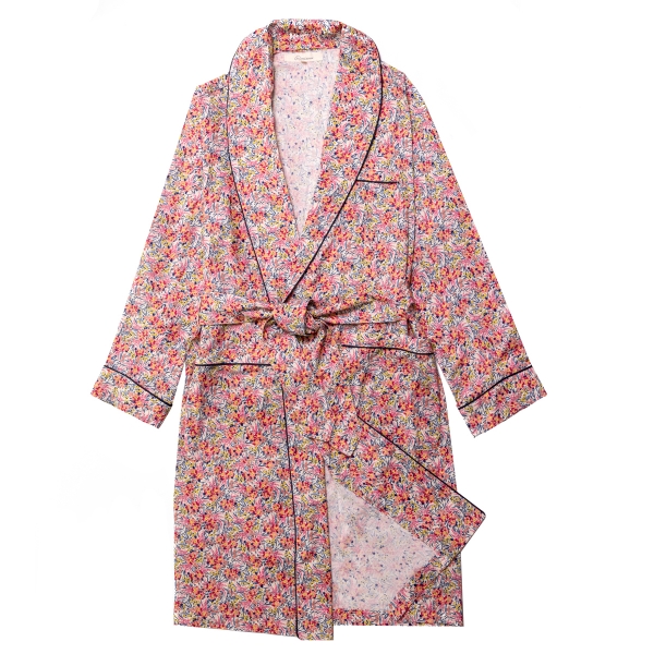 Robe de chambre luxe tissu liberty rose Maison Dormans. Tissu swirling petals Liberty fabrics