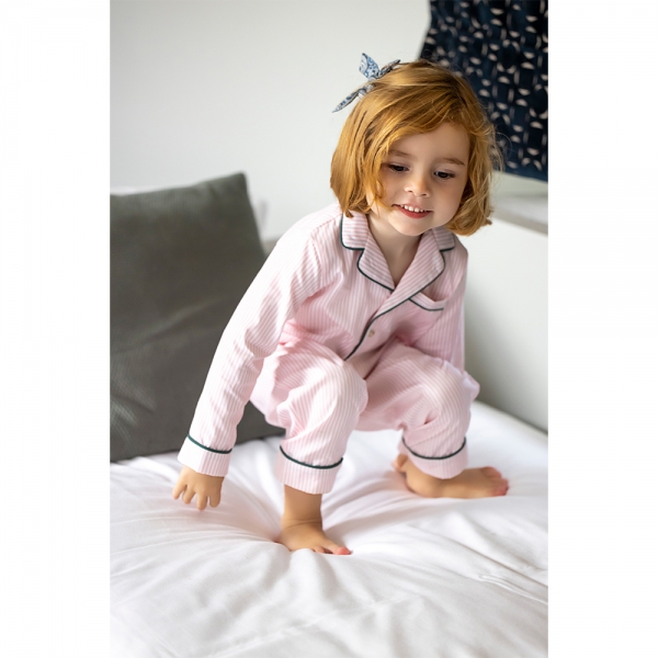 Pyjama chemise manches longues et pantalon - Douce popeline de coton -  Pyjama rayé rose et blanc