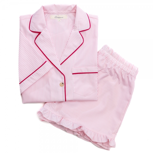 pyjama à rayures roses short à froufous. Pyjama short à volant rose
