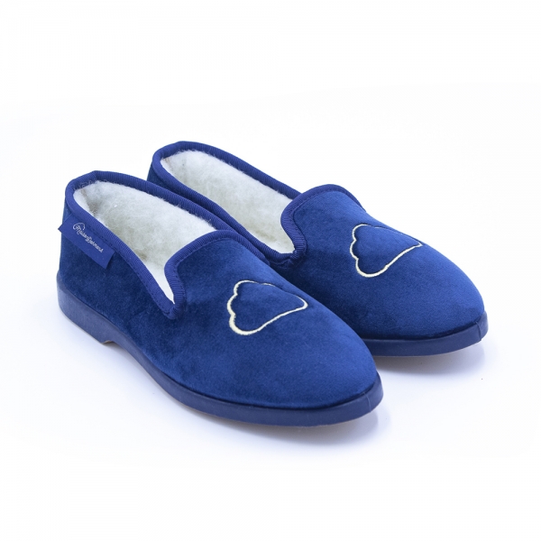 Chaussons en velours bleu marine femme. Made in France. Maison Dormans